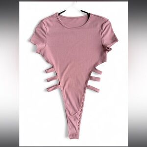 Pink Ribbed Cut-Out Bodysuit Sz Small
